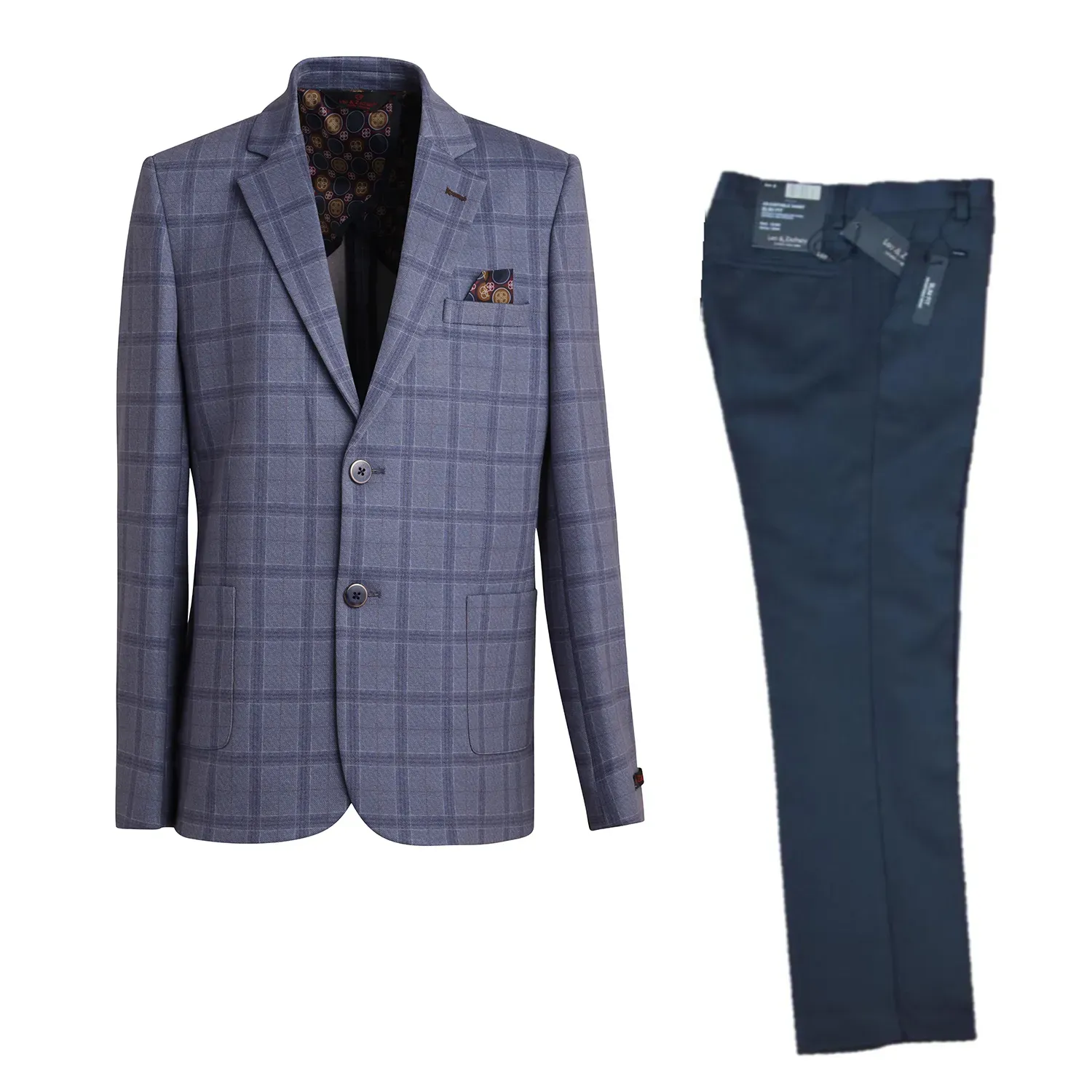 2PC SUIT DENIM SLATE PLAID BLAZER NAVY PANT STRETCH SLIM FIT / BLZ-5448-LZK504