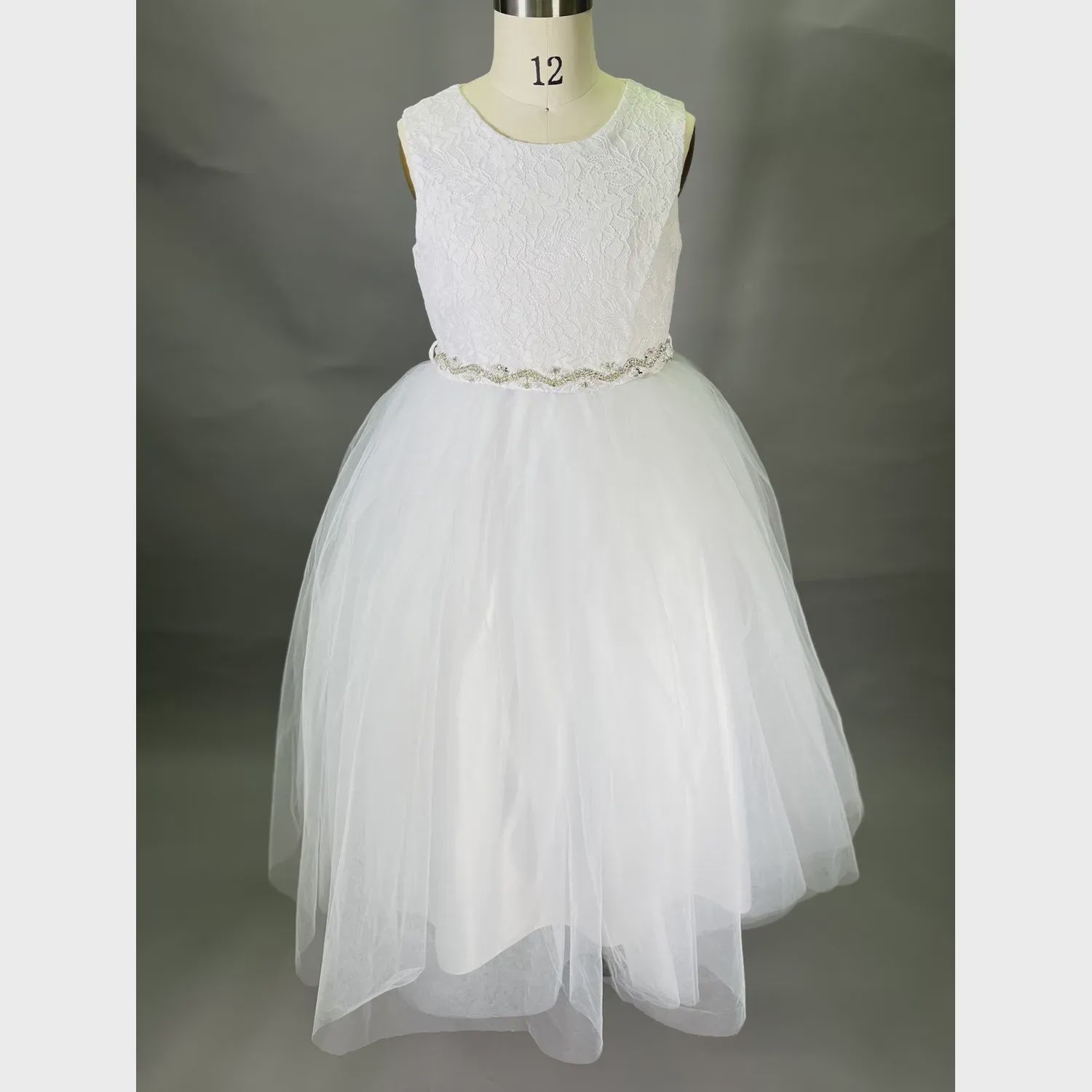 DRESS WHITE LACE BODICE TULLE SKIRT PEARL & RHINESTONE BELT / 8194LONG