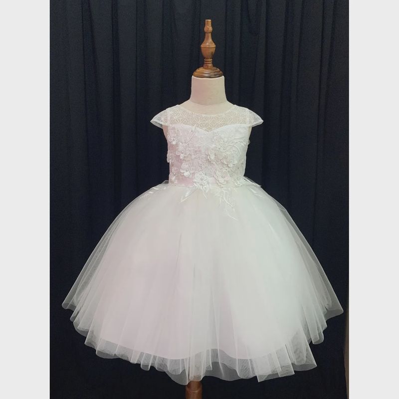 DRESS OFF WHITE EMBROIDERED BODICE TULLE SKIRT FLOWER APPLIQUE / 8183