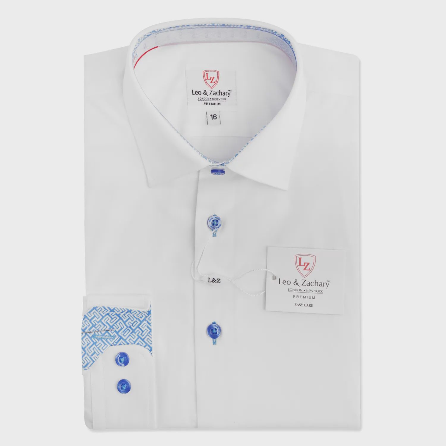 SHIRT WHITE BLUE PRINT TRIM NECKLINE & CUFF / P5528