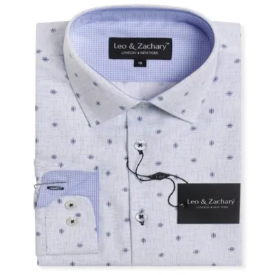 SHIRT WHITE BLUE PRINT SEED PRINT CHECK TRIM CUFF & NECKLINE / 5912