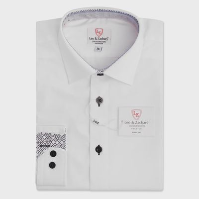 SHIRT WHITE BLACK STITCH & PRINT CUFF & NECKLINE WRINKLE FREE / P5531