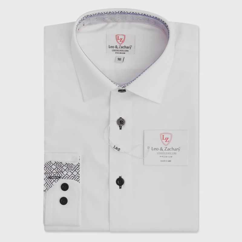 SHIRT WHITE BLACK STITCH & PRINT CUFF & NECKLINE WRINKLE FREE / P5531