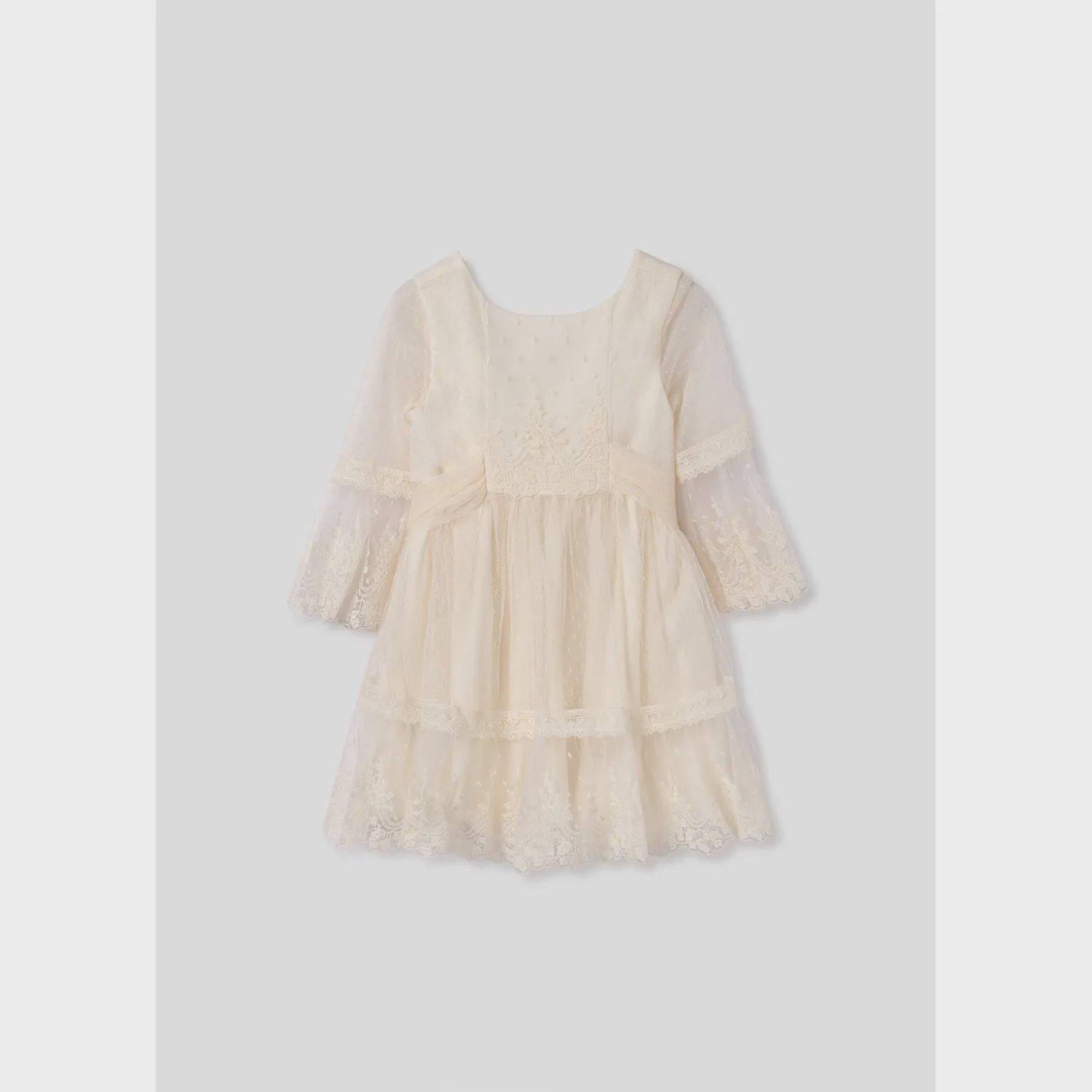 DRESS BIEGE EMBROIDERED TULLE PLUMETI BELL SLEEVE / 5046-031