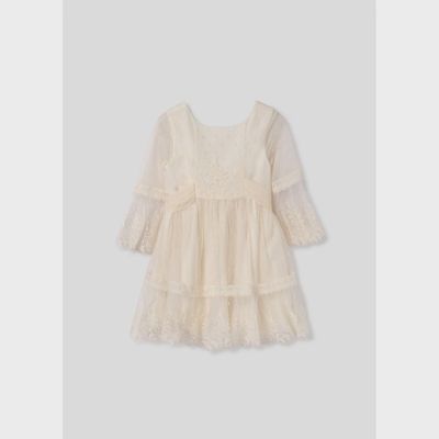 DRESS BIEGE EMBROIDERED TULLE PLUMETI BELL SLEEVE / 5046-031