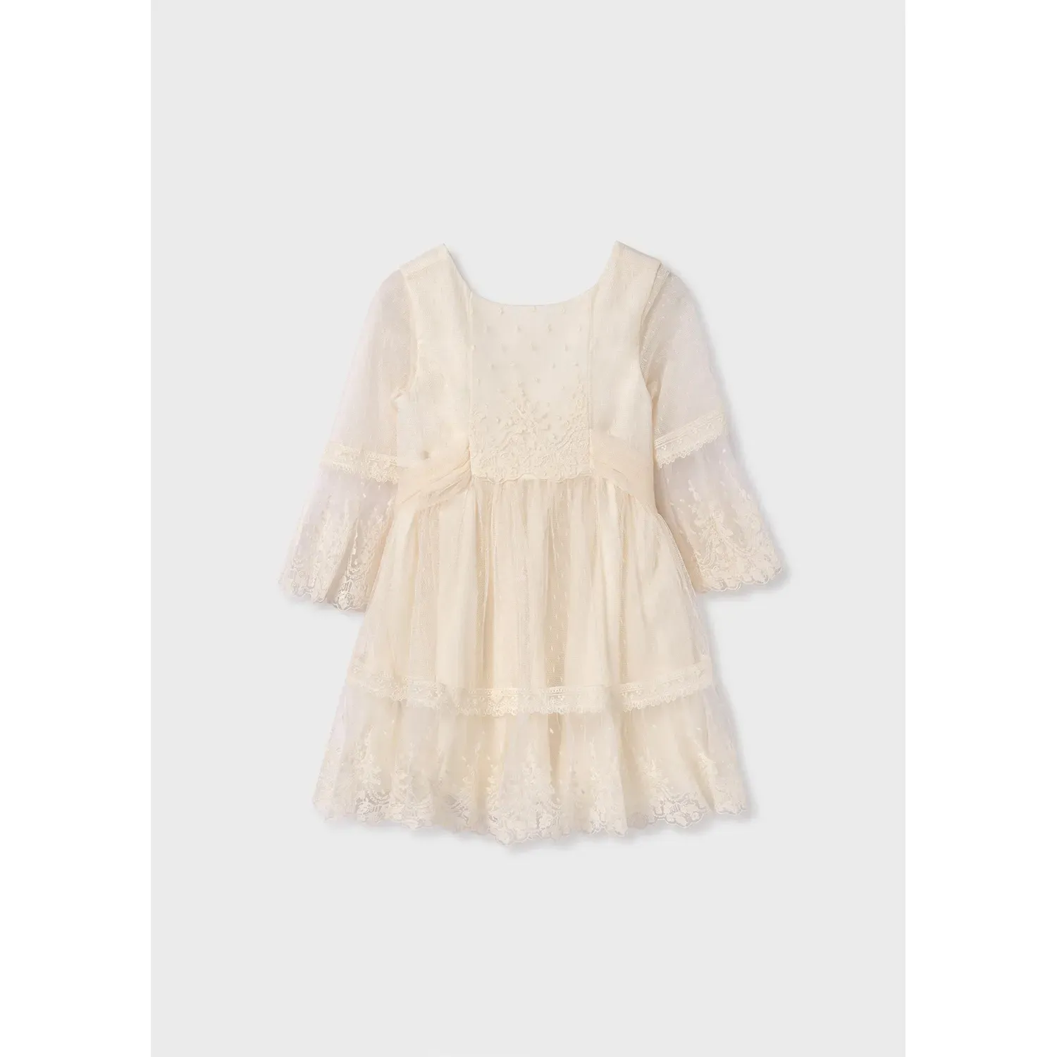 DRESS BIEGE EMBROIDERED TULLE PLUMETI BELL SLEEVE / 5046-031