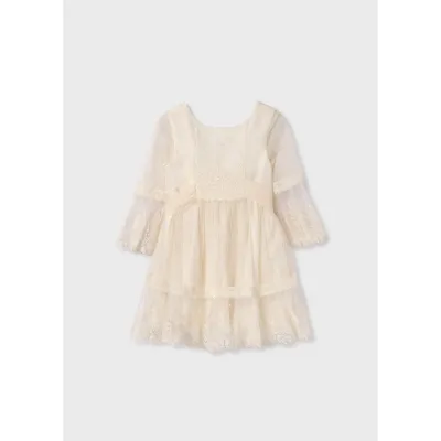 DRESS BIEGE EMBROIDERED TULLE PLUMETI BELL SLEEVE / 5046-031