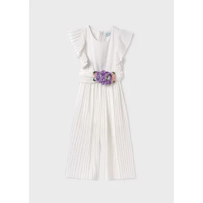 JUMPSUIT & BELT CREAM PLEATED CHIFFON PURPLE FLOWER TRIM / 5259-051