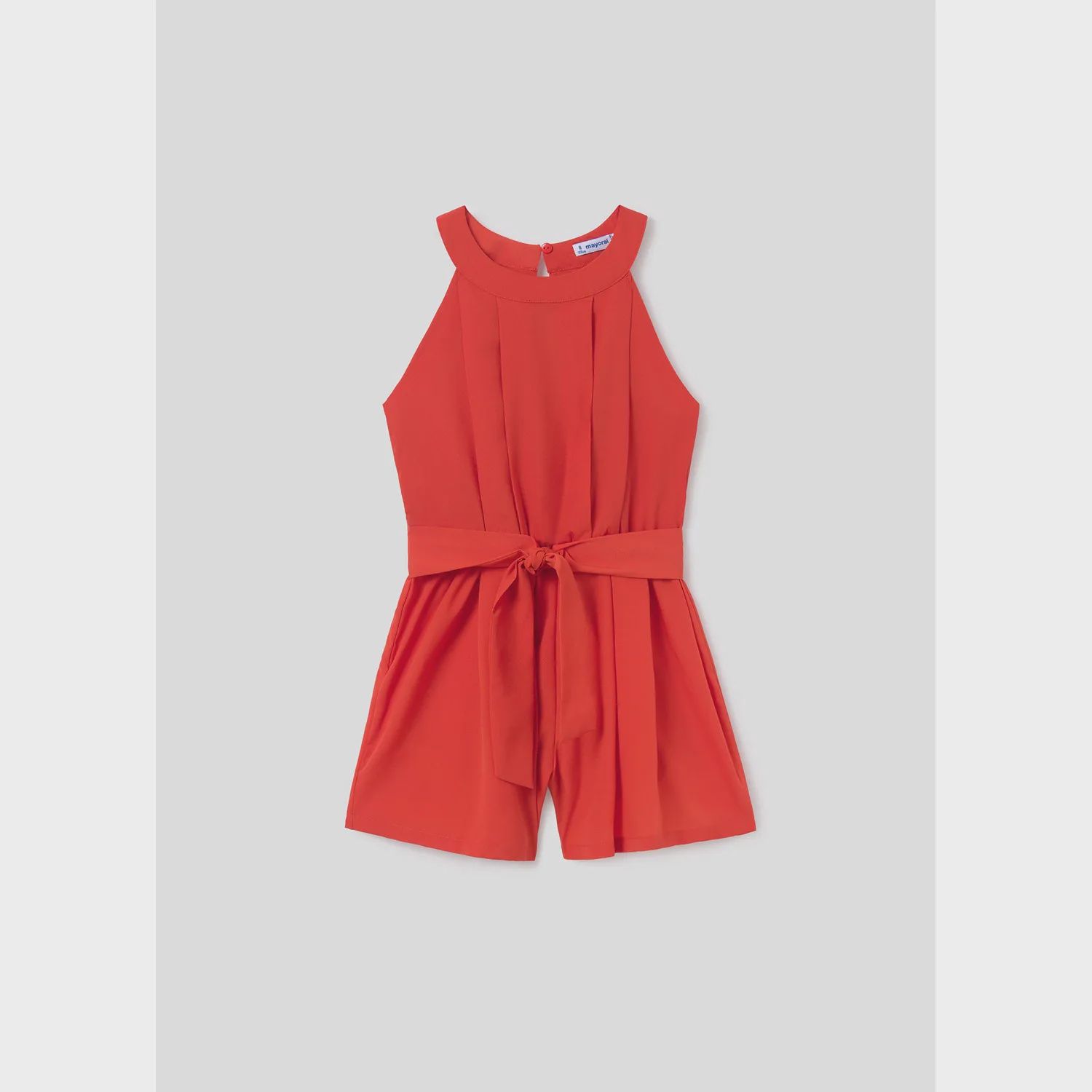 ROMPER BRICK RED IMITATION BELT PLEATS ROUND NECKLINE / 6854-053