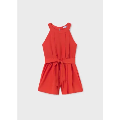 ROMPER BRICK RED IMITATION BELT PLEATS ROUND NECKLINE / 6854-053
