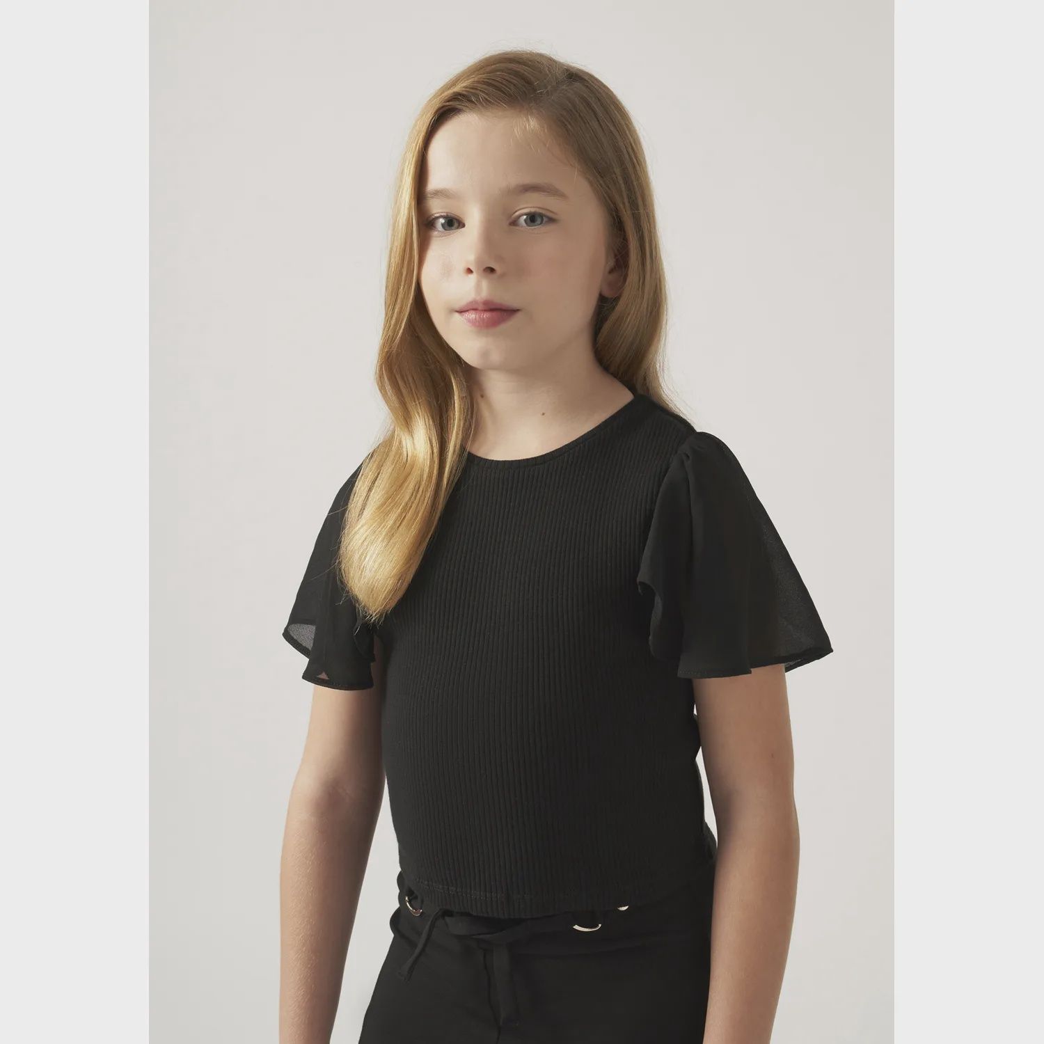 TSHIRT BLACK RIBBED CHIFFON CAP SLEEVE / 6004-027