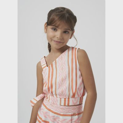 JACQUARED TOP WHITE PINK & TAN STRIPES 1 SHOULDER STRAP SIDETIE / 6022-010