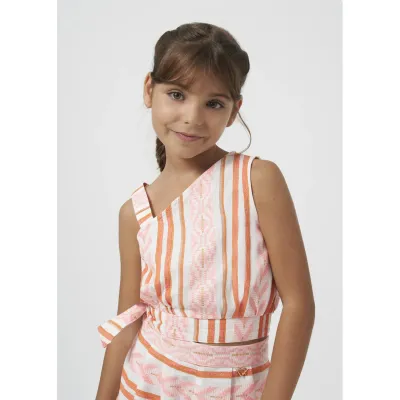 JACQUARED TOP WHITE PINK & TAN STRIPES 1 SHOULDER STRAP SIDETIE / 6022-010
