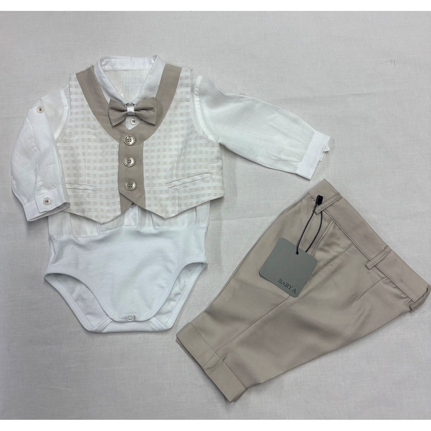 4PC VEST SHIRT / ONZIE PANT & BOWTIE BEIGE PANT& TRIM PRINTED VEST / E3018
