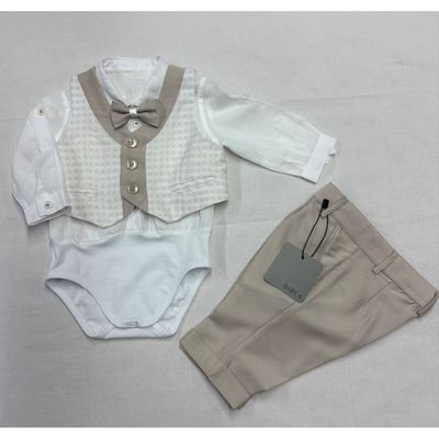 4PC VEST SHIRT / ONZIE PANT & BOWTIE BEIGE PANT& TRIM PRINTED VEST / E3018