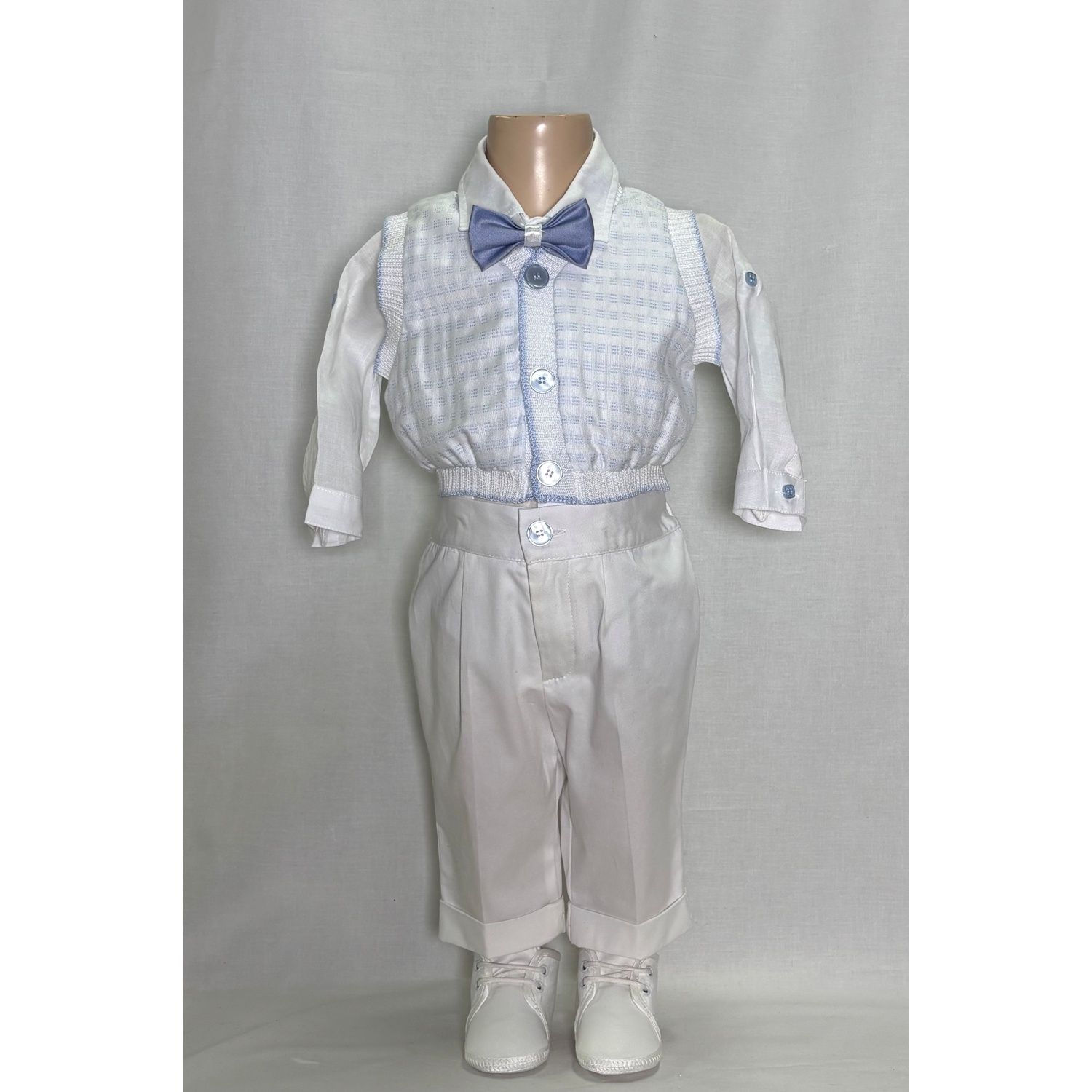 4PC WHITE KNIT VEST SHIRT / ONZIE & PANT WITH SUSPENDERS BABY BLUE TRIM / D3013-BY-95AZ
