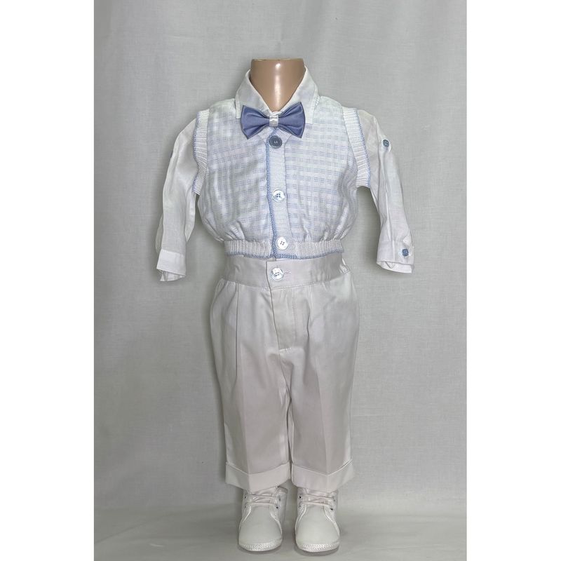 4PC WHITE KNIT VEST SHIRT / ONZIE & PANT WITH SUSPENDERS BABY BLUE TRIM / D3013-BY-95AZ