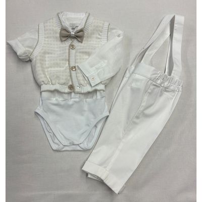 4PC CREAM & BEIGE KNIT VEST SHIRT / ONZIE BOWTIE & PANT WITH SUSPENDERS / D3013