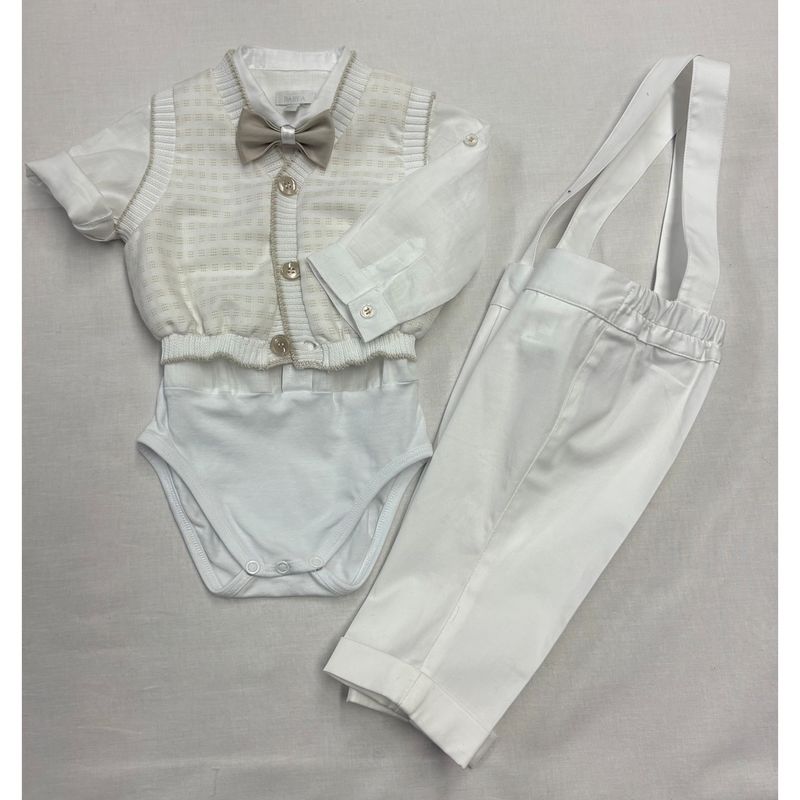 4PC CREAM & BEIGE KNIT VEST SHIRT / ONZIE BOWTIE & PANT WITH SUSPENDERS / D3013