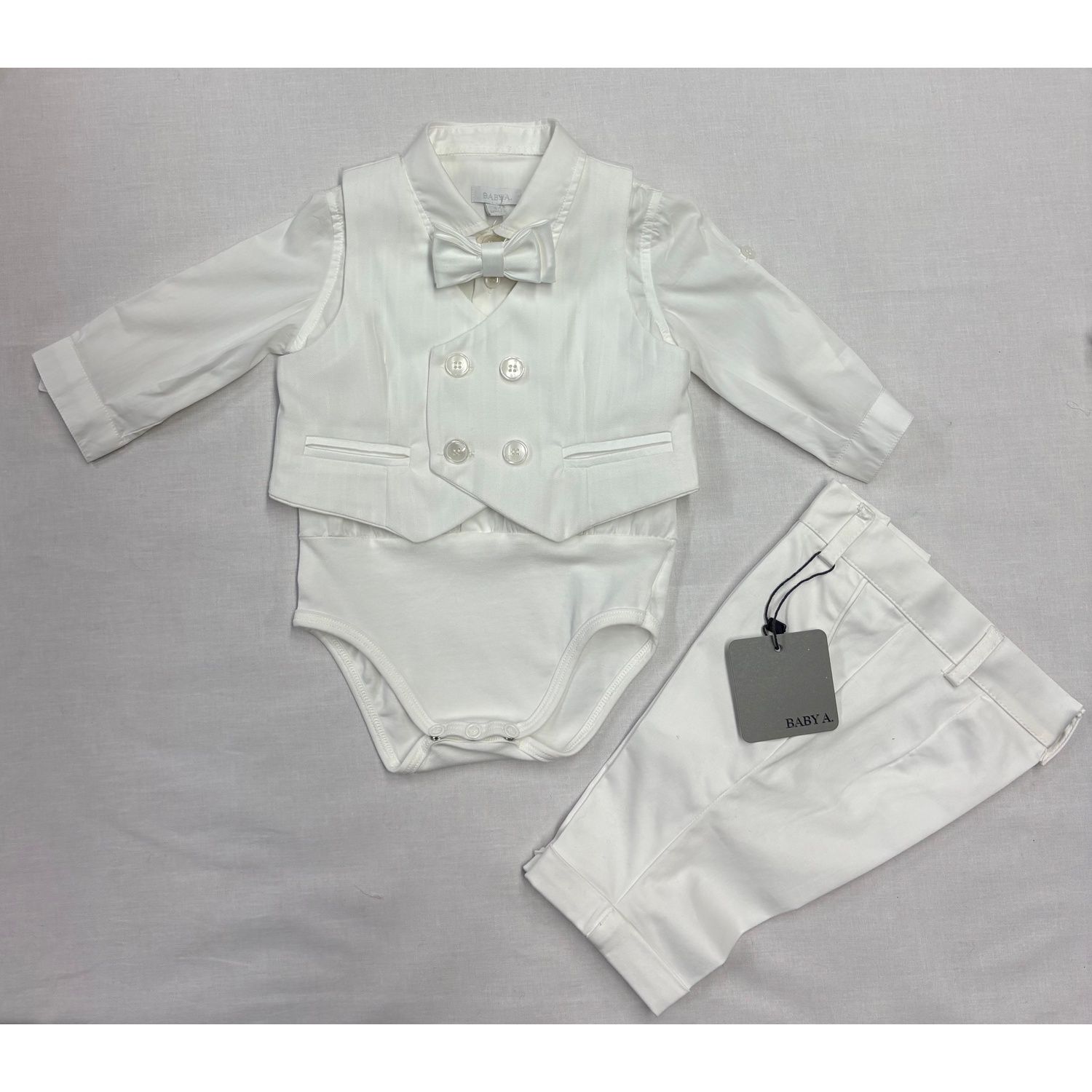 4PC VEST & PANT&SHIRT / ONZIE BOWTIE OFFWHITE THIN STRIPE 4 BUTTONS / A3001-BY-949