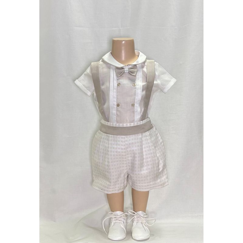 2PC SHORT SHIRT / ONZIE & SHORTS CREAM & BEIGE SUSPENDERS & TRIM / E3015-BY-953