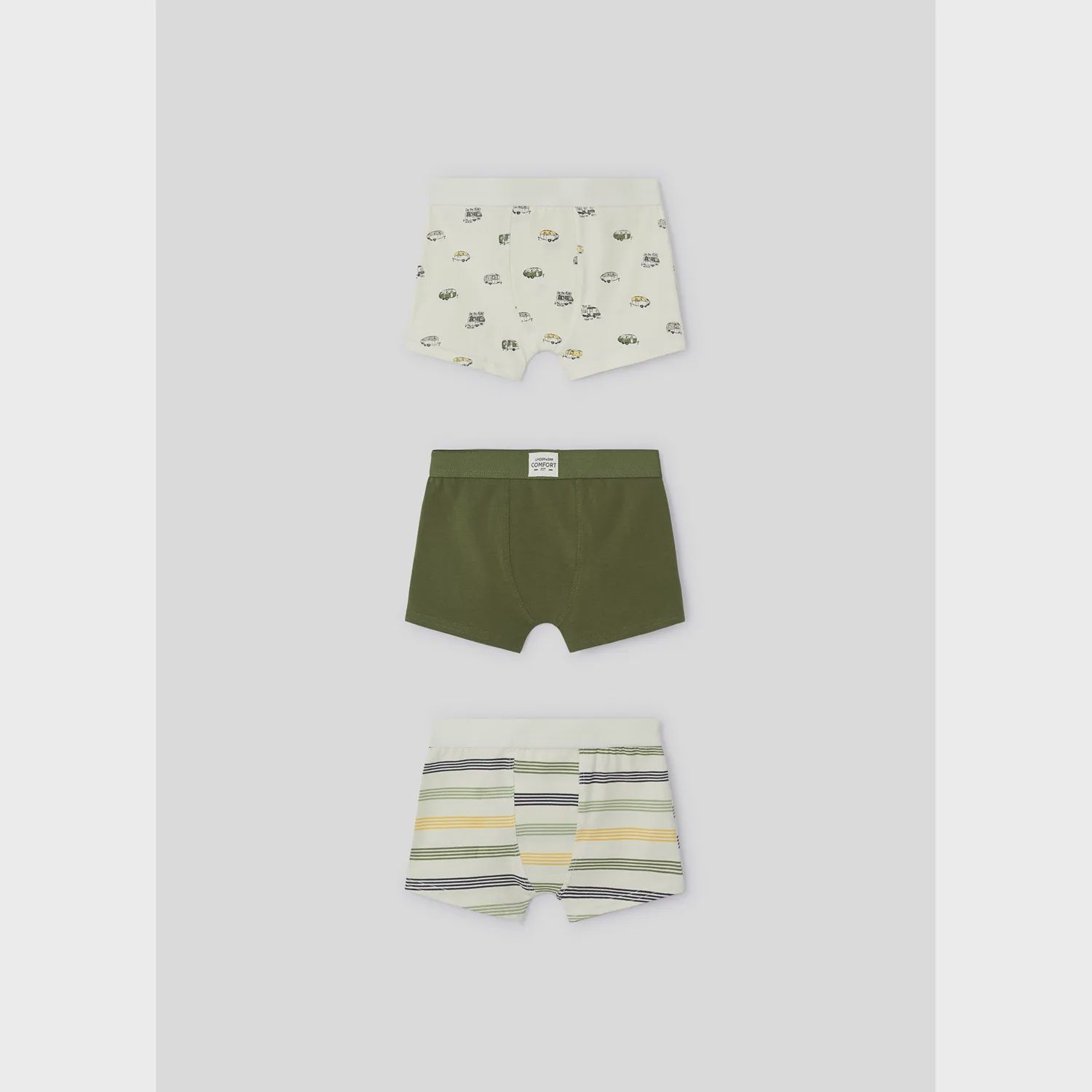 3PACK BOXER SHORTS GREEN & BEIGE ASSORTED PRINTS STRIPES & TRAILERS / 10694-013