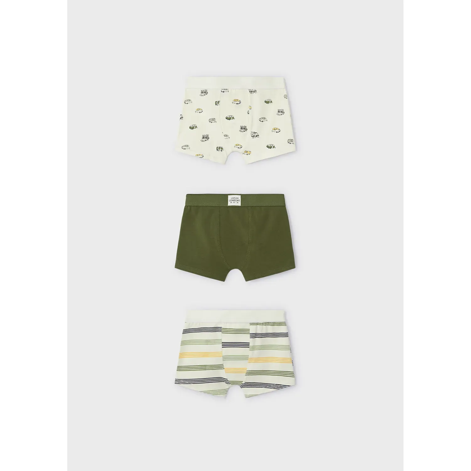 3PACK BOXER SHORTS GREEN & BEIGE ASSORTED PRINTS STRIPES & TRAILERS / 10694-013