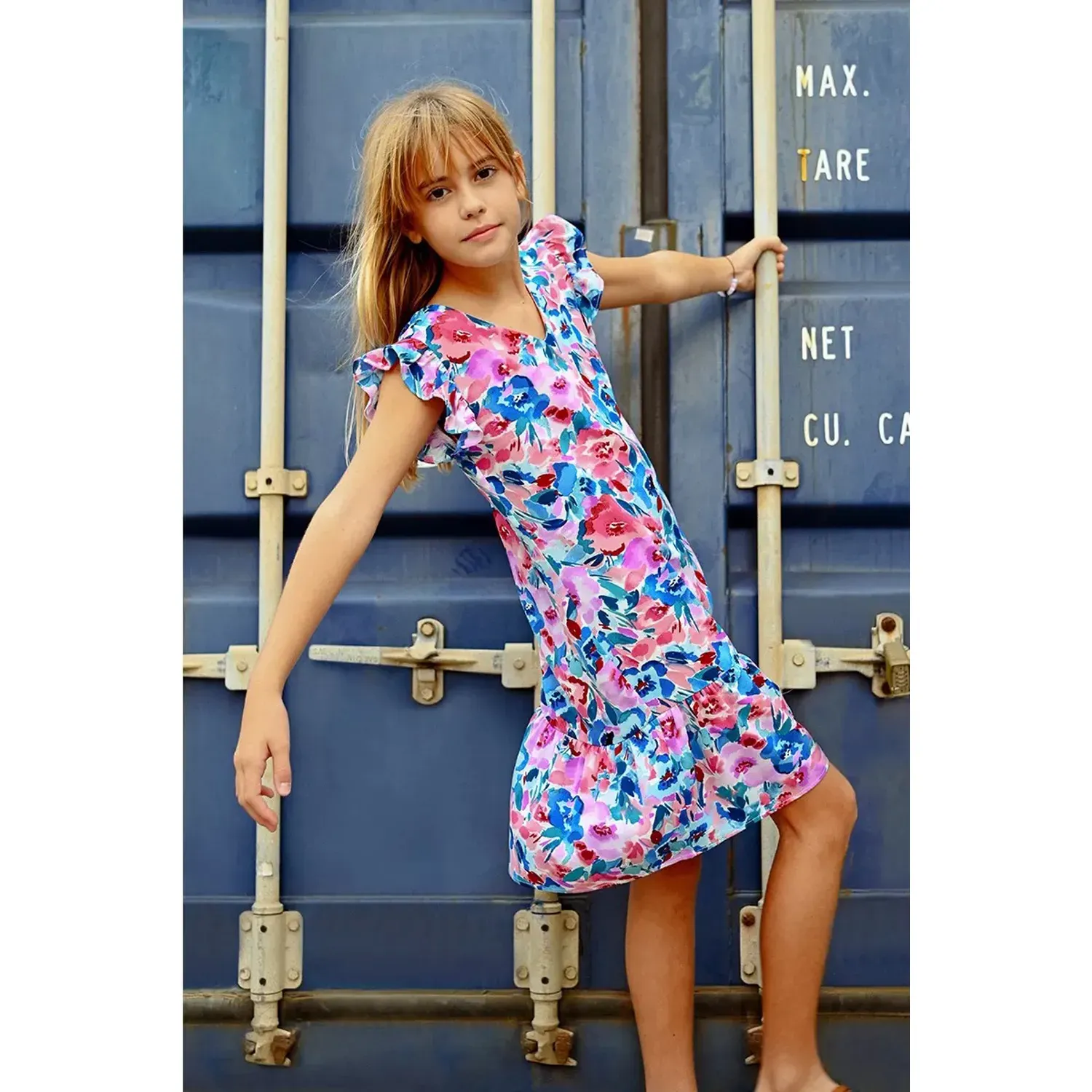 DRESS BLUE FLORAL PRINT FRILL CAP SLEEVE VNECKLINE / MMLA1442BCP