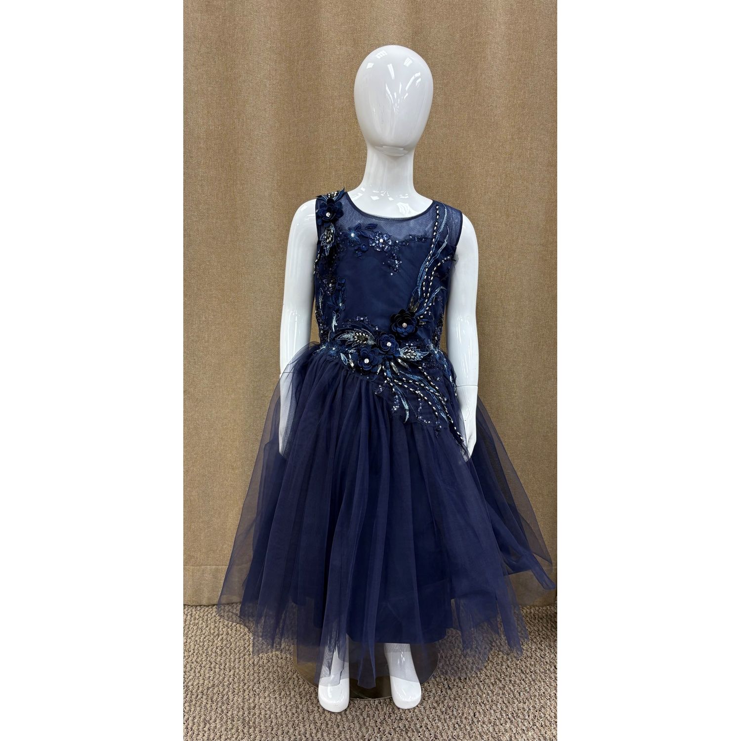 DRESS NAVY TULLE JEWELLED & CROCHET BODICE TRIM / TT7027-S22