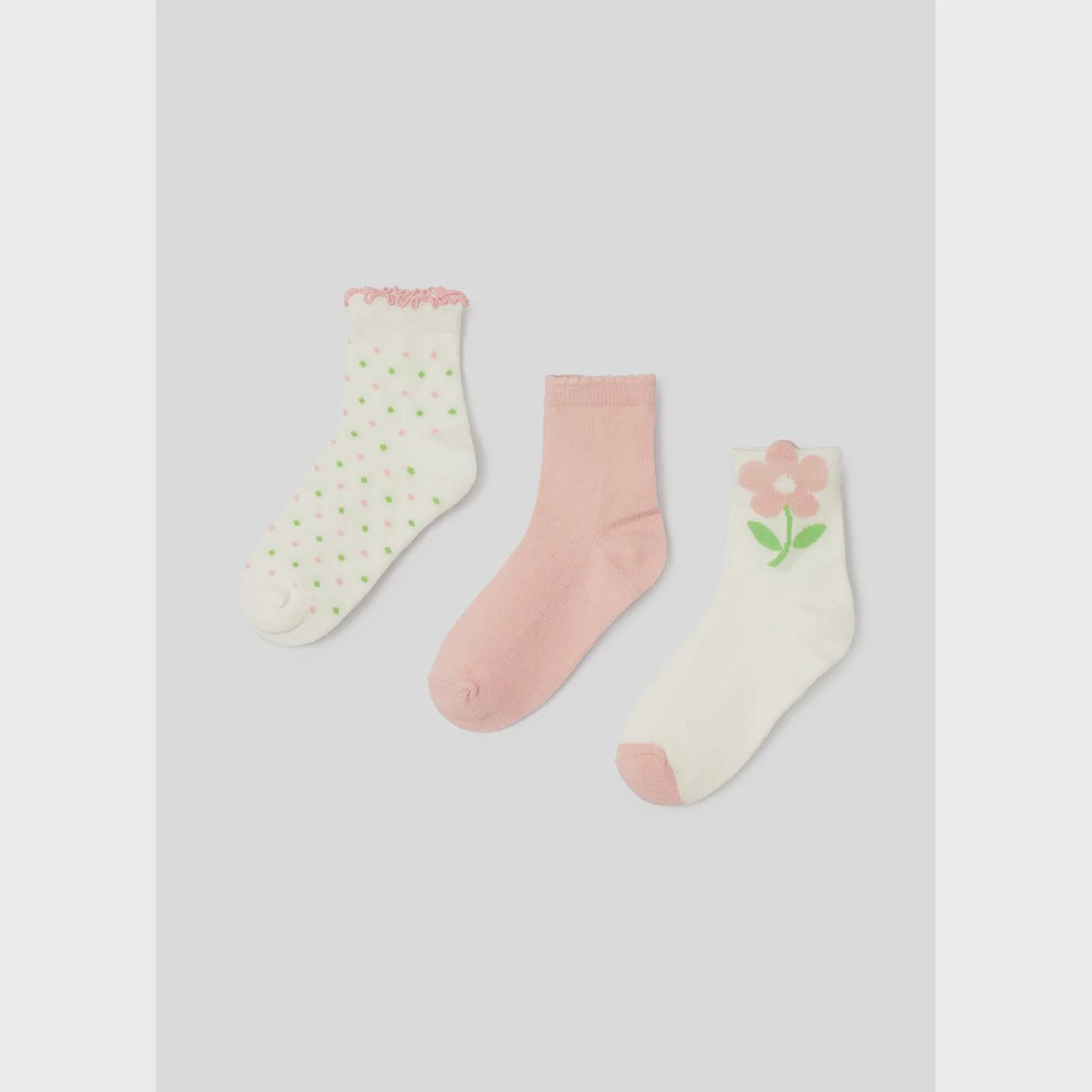 3PACK SOCKS SET BLUSH & WHITE WITH FLOWER OR GREEN DOT PATTERN / 10712-016