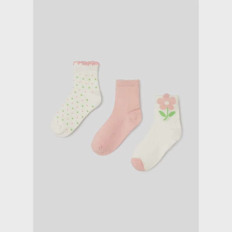 3PACK SOCKS SET BLUSH & WHITE WITH FLOWER OR GREEN DOT PATTERN / 10712-016