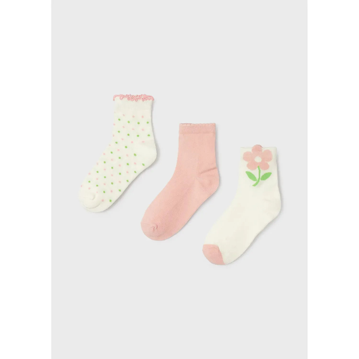 3PACK SOCKS SET BLUSH & WHITE WITH FLOWER OR GREEN DOT PATTERN / 10712-016