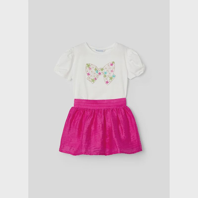 2PC SKIRT SET WHITE TOP BOW EMBROIDERY FUSCHIA SKIRT / 3957-079