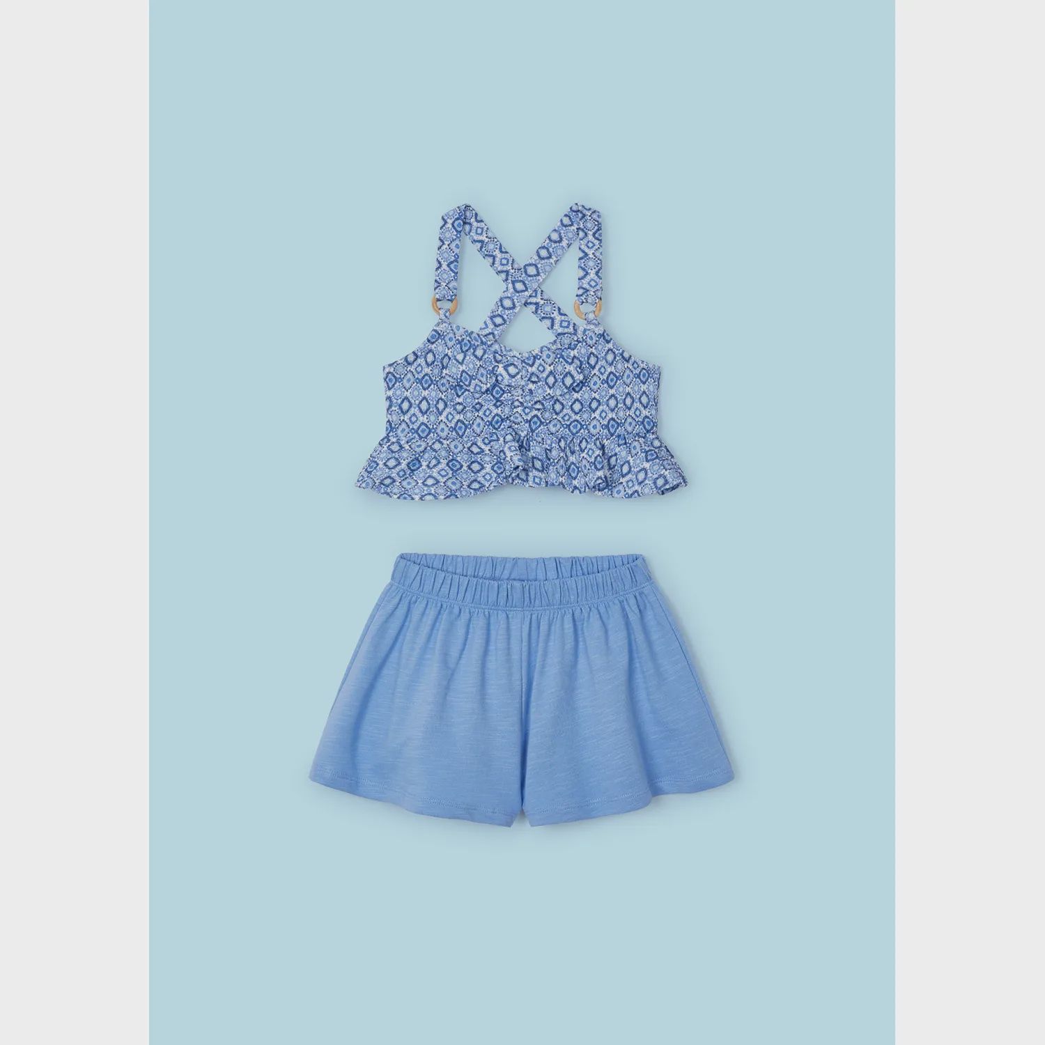 2PC SHORT SET BLUE SHORT PRINTED CROP TOP / 3265-067