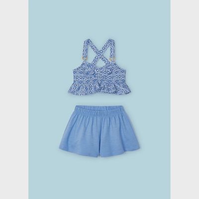 2PC SHORT SET BLUE SHORT PRINTED CROP TOP / 3265-067