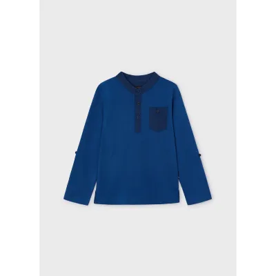 POLO TSHIRT BLUE MAO COLLAR LONG SLEEVE NAVY POCKET / 3181-045
