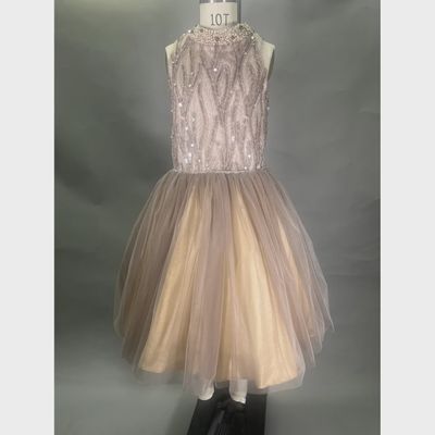 DRESS MINK BEIGE BEADED TOP TULLE SKIRT PEARL SEQUIN NECKLINE / 2902