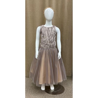 DRESS MINK BEIGE BEADED TOP TULLE SKIRT PEARL SEQUIN NECKLINE / 2902