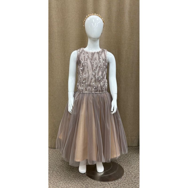 DRESS MINK BEIGE BEADED TOP TULLE SKIRT PEARL SEQUIN NECKLINE / 2902 DRESS MINK BEIGE BEADED TOP TULLE SKIRT PEARL SEQUIN NECKLINE / 2902
