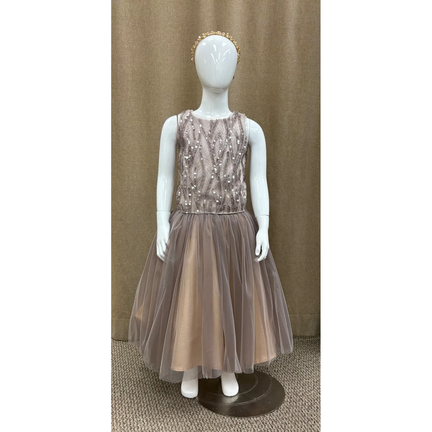 DRESS MINK BEIGE BEADED TOP TULLE SKIRT PEARL SEQUIN NECKLINE / 2902