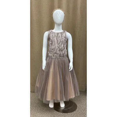 DRESS MINK BEIGE BEADED TOP TULLE SKIRT PEARL SEQUIN NECKLINE / 2902