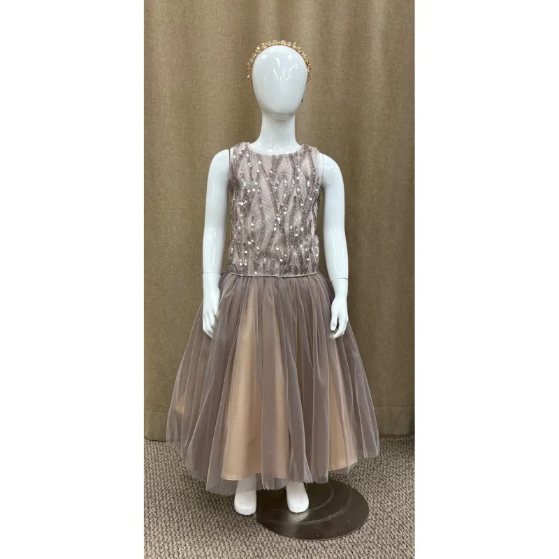 DRESS MINK BEIGE BEADED TOP TULLE SKIRT PEARL SEQUIN NECKLINE / 2902