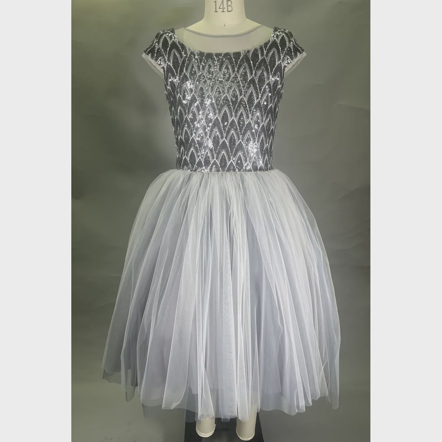 DRESS GREY SEQUIN BODICE TULLE SKIRT / 20910