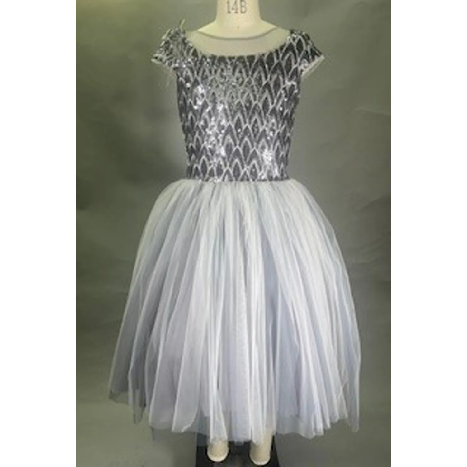 DRESS GREY SEQUIN BODICE TULLE SKIRT / 20910