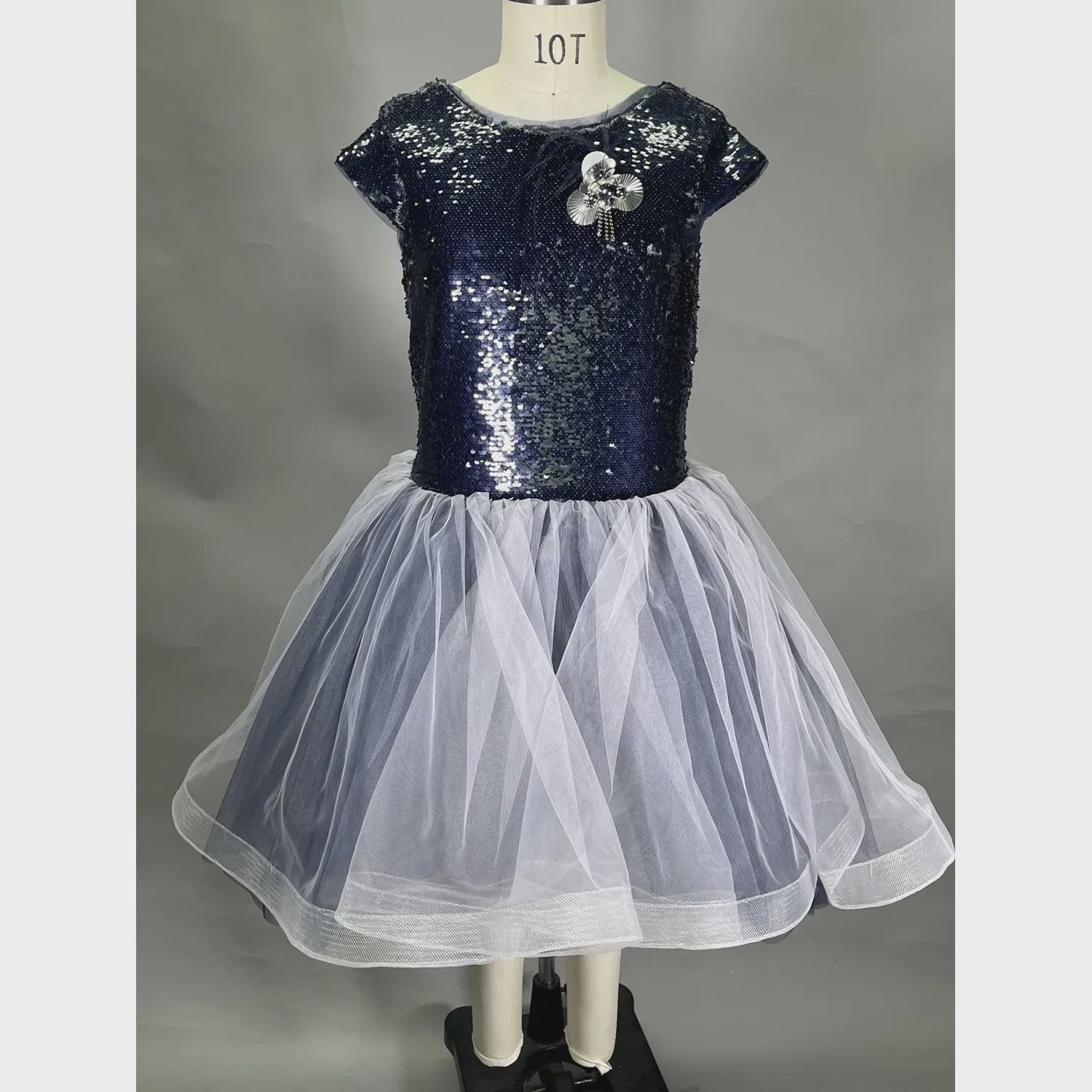 DRESS NAVY SEQUIN BODICE TULLE SKIRT BEADED PIN HIGH LOW / 20822