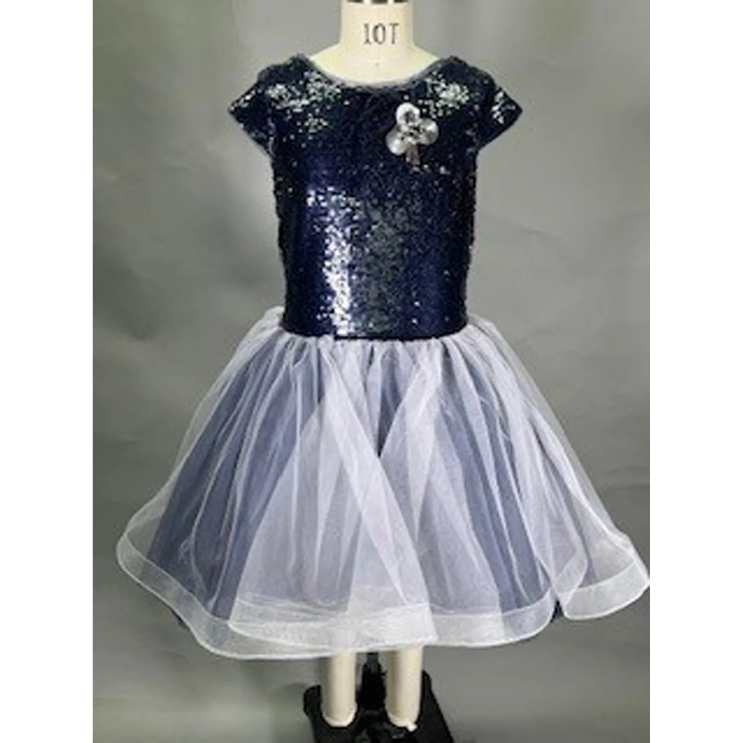 DRESS NAVY SEQUIN BODICE TULLE SKIRT BEADED PIN HIGH LOW / 20822