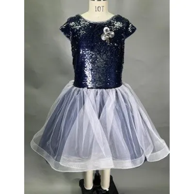 DRESS NAVY SEQUIN BODICE TULLE SKIRT BEADED PIN HIGH LOW / 20822