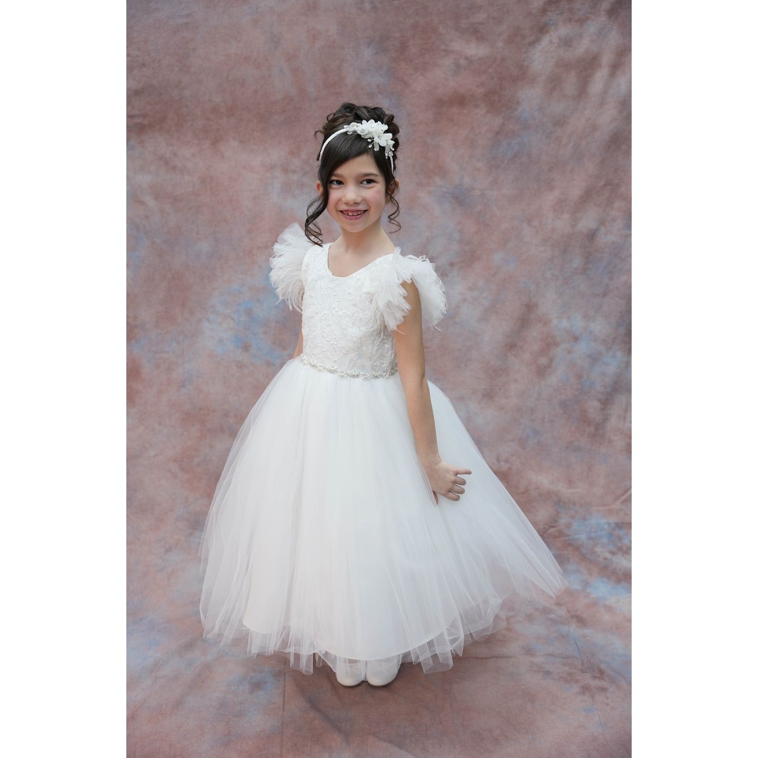 DRESS OFF WHITE LAZER CUT BODICE TULLE & FEATHER CAP SLEEVE TULLE SKIRT BEADED BELT / 4345