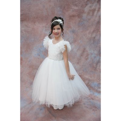DRESS OFF WHITE LAZER CUT BODICE TULLE & FEATHER CAP SLEEVE TULLE SKIRT BEADED BELT / 4345