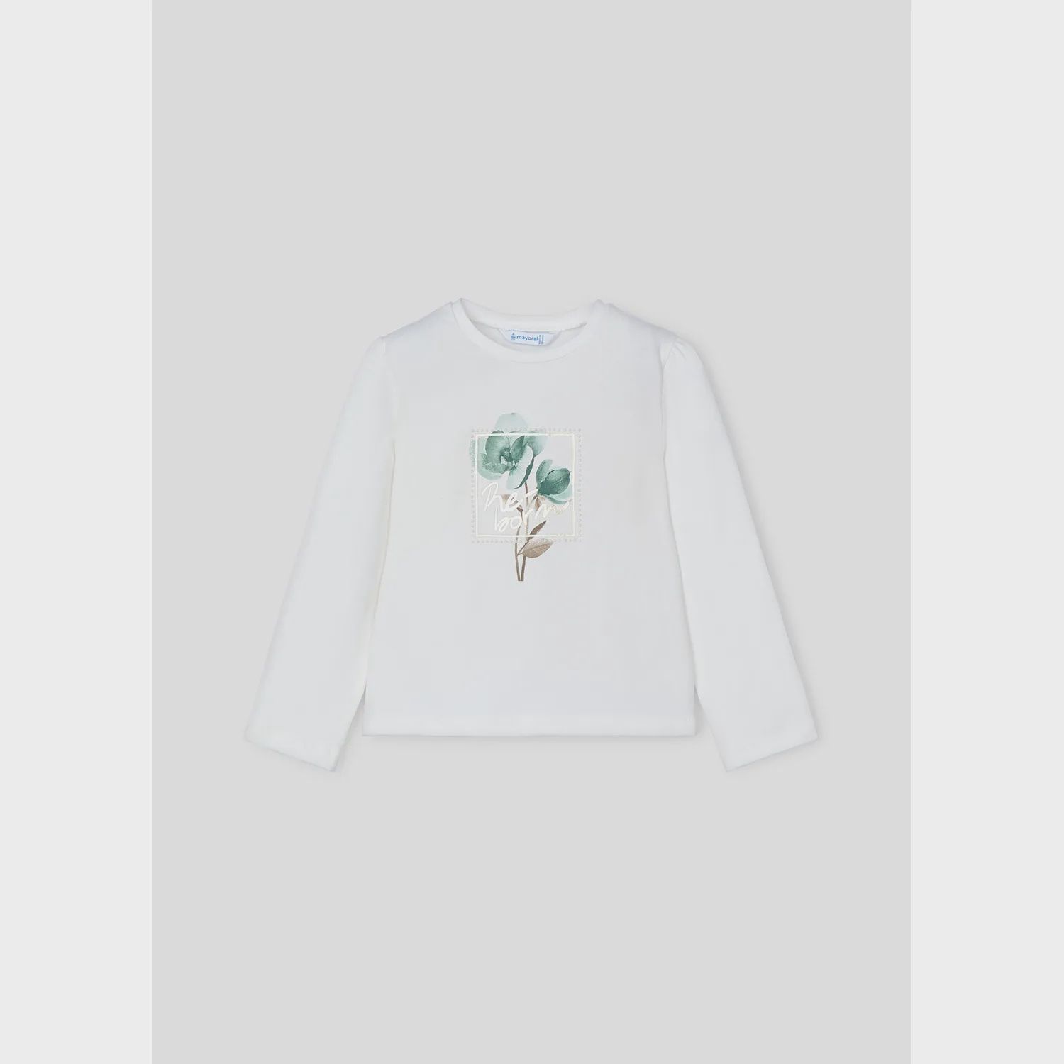 CREAM TSHIRT LONG SLEEVE GREEN FLOWER PRINT / 4066-042
